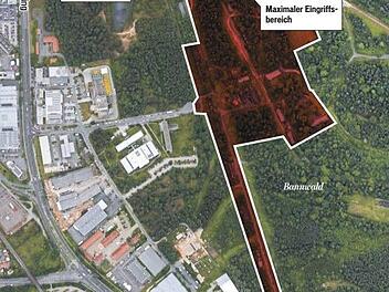 Nach dem Vorschlag der Bürgerinitiative wäre im rot markierten Gebiet ein Gewerbepark auf weitestgehend bereits versiegelten Flächen möglich. Für die Stadt ist das viel zu wenig.