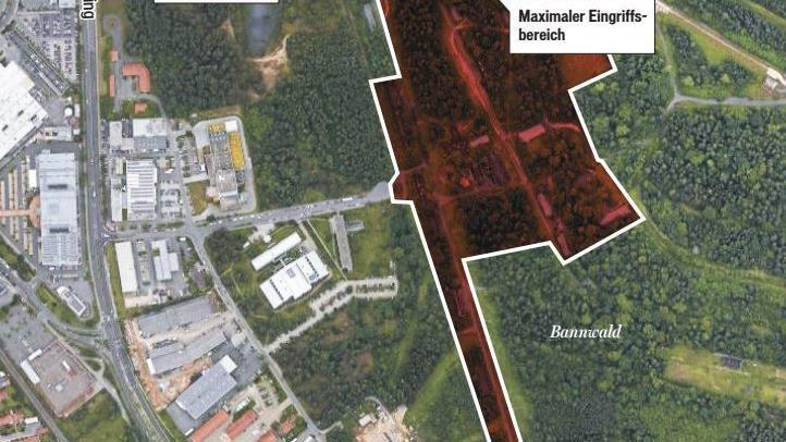 Nach dem Vorschlag der Bürgerinitiative wäre im rot markierten Gebiet ein Gewerbepark auf weitestgehend bereits versiegelten Flächen möglich. Für die Stadt ist das viel zu wenig.