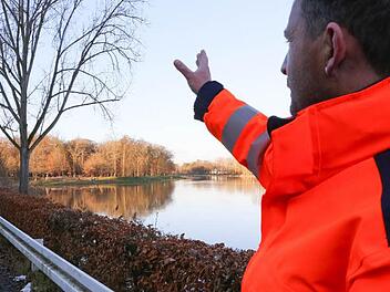Michael Gerencser vom Bamberger Garten- und Friedhofsamt zeigt in Richtung des ersten Biber-Revier in Bug. Foto: Barbara Herbst
