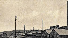 Blick zur Glasfabrik etwa um 1910 von der Bahnseite aus. Repro: Gerd Fleischmann