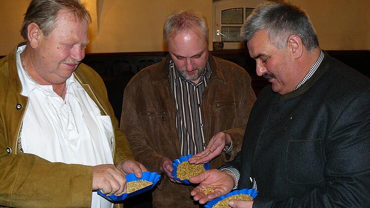 Genau nahmen (von links) Friedrich Stöcklein und Reinhold Dister aus Heiligenstadt sowie Karl-Heinz Opel aus Neufang die Braugerstenmuster bei der Schau in Kulmbach unter die Lupe. Die Qualität war gut, die Preise könnten besser sein. Foto: Klaus Peter Wulf