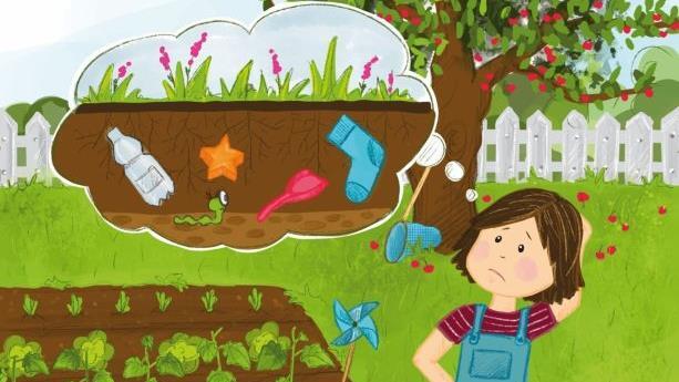 Fritzi macht sich Gedanken darüber, warum Plastik im Garten nicht einfach verschwindet - so wie Kompost.Illustration: Birgit Six