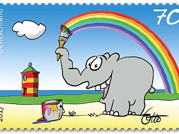 Pilsumer Leuchtturm, Ottifant und Regenbogen - fertig ist die Sonderbriefmarke  Foto: Ottifant Productions, dpa