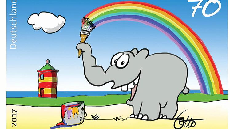 Pilsumer Leuchtturm, Ottifant und Regenbogen - fertig ist die Sonderbriefmarke  Foto: Ottifant Productions, dpa