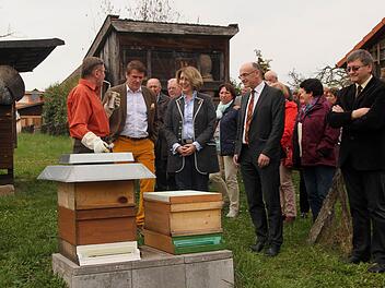 Am Lehrbienenstand (von links) Imkervorstand Peter Kirchner, MdL Steffen Vogel, die bienenpolitische Sprecherin der CSU-Landtagsfraktion Tanja Schorer-Dremel und Kreisvorsitzender Dr. Werner Hornung. Foto: Günther Geiling