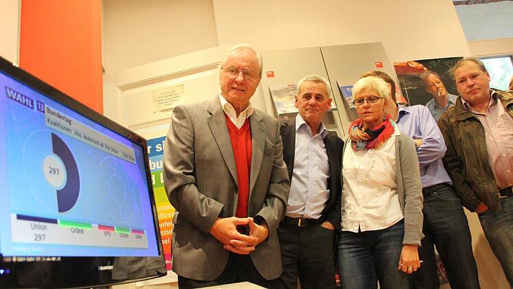 Gäste aus Kronach: Heinz Köhler und Landrat Oswald Marr treffen ein und starren sofort auf den Bildschirm.