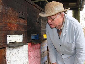 Imker Dieter Friedrich wartet darauf, dass seine Bienen aus den Stöcken kommen. Fotos: Sabine Herteux