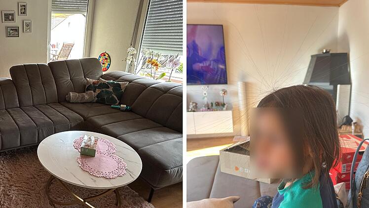Ein Wohnzimmer mit grauem Sofa und Couchtisch links, Kind rechts im Bild vor einem Fernseher. Helle, gemütliche Atmosphäre.