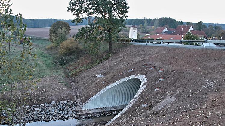 So sieht es nun aus: Die Wellblechröhre hat einen Durchmesser von 5,20 mal 4,10 Meter, womit der Abflussquerschnitt im Vergleich zur alten Röhre um 300 Prozent erhöht wurde. Hinten: Neuses.  Foto: Helmut Will