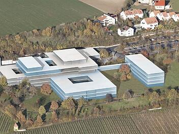 Die bläulichen Gebäude  stellen die Gebäudeteile dar, die bei der Klinik Kitzinger Land neu gebaut werden. So wird im vierten und fünften Stock der OP-Trakt ausgebaut. Im Vordergrund sind die beiden Bettenhäuser. Foto: Stefan Ludes Architekten