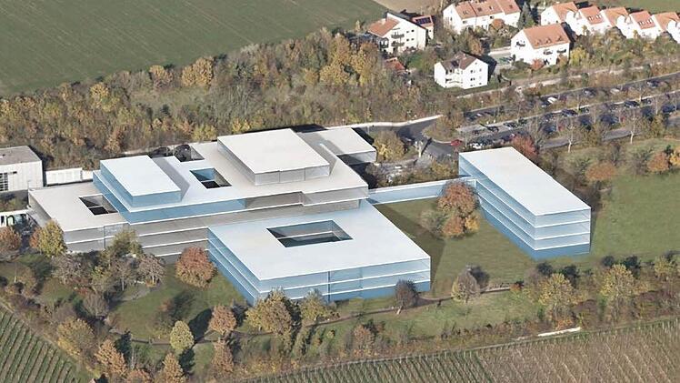 Die bläulichen Gebäude  stellen die Gebäudeteile dar, die bei der Klinik Kitzinger Land neu gebaut werden. So wird im vierten und fünften Stock der OP-Trakt ausgebaut. Im Vordergrund sind die beiden Bettenhäuser. Foto: Stefan Ludes Architekten