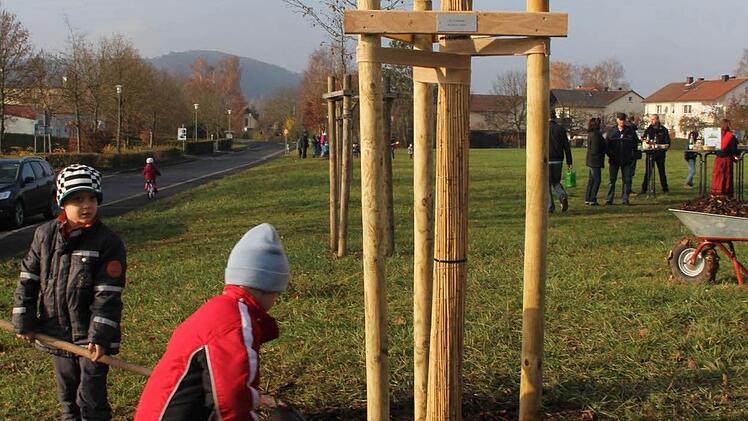 Simon und Benjamin am Familienbaum der Schotts. Er wurde zum Gedenken an die verstorbene Tante gepflanzt.