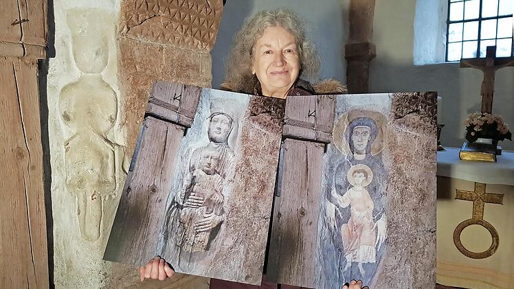Karin Meyer-Jungclaussen hat eine Entdeckung gemacht, die einer bislang rätselhaften Figur in der romanischen Kirche von Obermerzbach Gesicht verleiht. Fotomontagen deuten an, wie die Steinskulptur am Chorpfeiler einmal ausgesehen haben könnte. Fotos Meyer-Jungclaussen/Kiesewetter