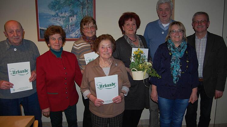 Die Geehrten stellten sich zum Erinnerungsfoto: (von links) Helmut Schneider, Kreisvorsitzende Irmgard Heinrich, Erika Reidelbach, Anna Krampert, Traudi Höchemer, Michael Straub, Vorsitzende Margot Schottdorf und Bürgermeister Gotthard Schlereth. Foto: Günther Straub
