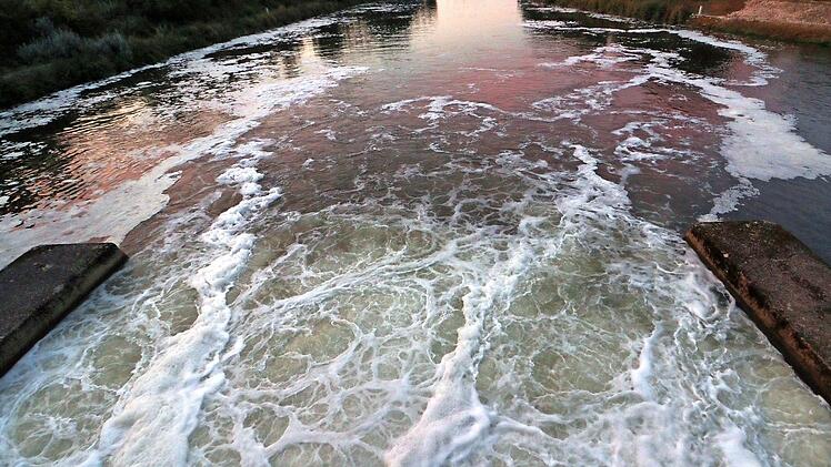 Am Wehr in Hausen ist die Regnitz auf einer Länge von gut 100 Metern mit Schaumkronen übersät. Das Wasserwirtschaftsamt geht von einer natürlichen Ursache aus.  Fotos; J. Hofbauer