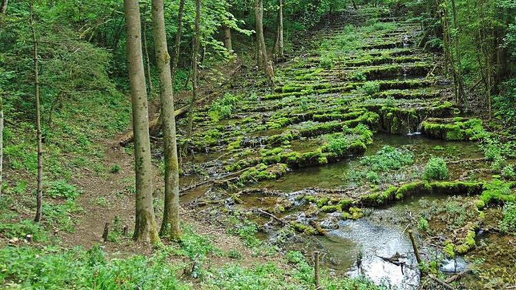 So sollten die Sinterstufen eigentlich aussehen. Das Wasser plätschert malerisch herab. Der Anblick ist bei Einheimischen und Touristen beliebt. Foto: Petra Malbrich