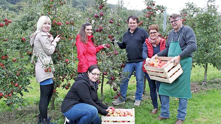 Bi der Apfelernte (v. l.): Johanna Düngfelder, Carola Kubik, Sepp Kraus, Andrea und Roland Schmitt; vorne kniet Kerstin Schilling.  Foto: cs