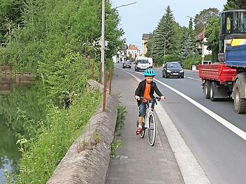 Gefährlicher Schulweg: Zwischen Lkw und Wiesent gibt es entlang der Reuther Straße nur eine kleine Mauer.  Foto: privat