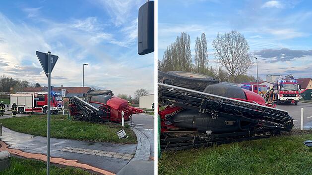 Gollhofen: Traktor kippt um - Kreisverkehr versinkt im D&uuml;nger
