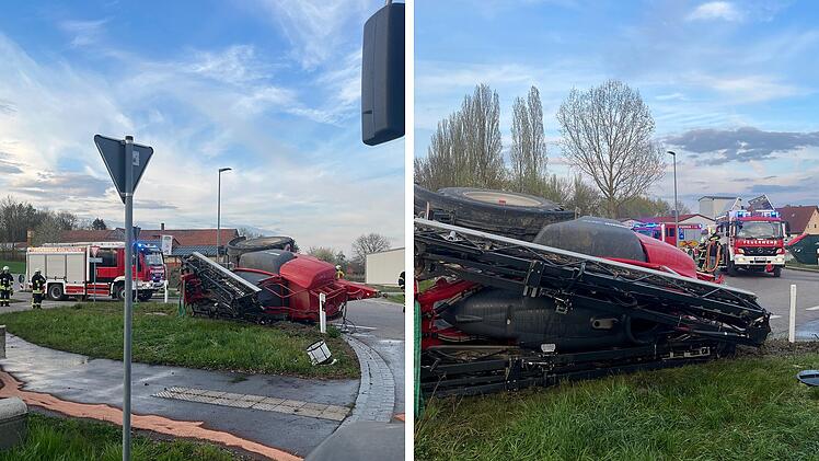 Gollhofen: Traktor kippt um - Kreisverkehr versinkt im D&uuml;nger