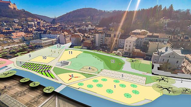 Von Beachvolleyball-Feld über Kräutergarten bis Stadtstrand: Auf dem Kaufplatzgelände  inmitten der Stadt warten ab Mai zahlreiche neue Attraktionen auf die Kulmbacher Bürger. Grafik: Franziska Schäfer, Foto: Jürgen Gärtner