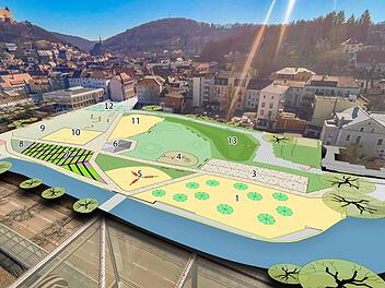 Von Beachvolleyball-Feld über Kräutergarten bis Stadtstrand: Auf dem Kaufplatzgelände  inmitten der Stadt warten ab Mai zahlreiche neue Attraktionen auf die Kulmbacher Bürger. Grafik: Franziska Schäfer, Foto: Jürgen Gärtner