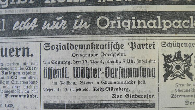 Inserat der SPD aus dem Wiesent-Boten vom 15.04.1932 (Repro Franze)