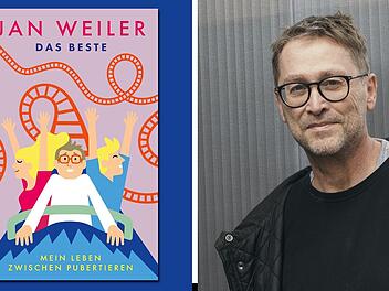 Links ist das Cover von Jan Weilers Buch "Das Beste" mit Achterbahn-Motiv. Rechts ein Portr&auml;tfoto eines Mannes mit Brille und Bart vor einer neutralen Wand.