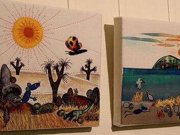 Mehrere Bilder zeigen die Erlebnisse der blauen Maus aus dem Kinderbuch "Sind wir bald zu Hause?". Foto: Richard Sänger