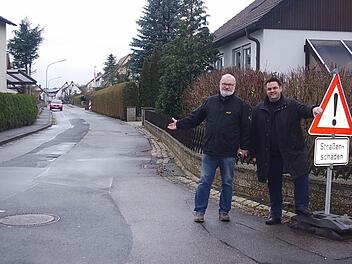 Die beiden Stadträte (von links) Winfried Lebok und Michael Zwingmann verweisen auf die arg in Mitleidenschaft gezogene Fahrbahnoberfläche der Frankenstraße.  Foto: Heike Schülein
