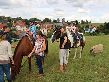 Das Reiten auf zwei großen Pferden war ein großer Spaß  für die Kinder beim Reichenbacher Westernfest. Fotos: Klaus Klaschka
