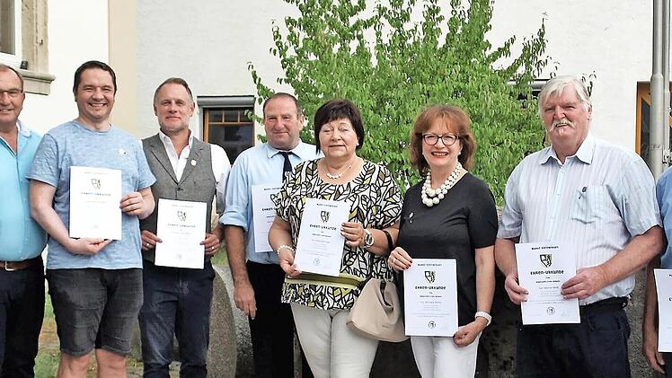 Goldene und silberne Nadeln erhielten ehrenamtlich engagierte Bürger. Unser Bild zeigt (von links) Landrat Klaus Löffler, Dritten Bürgermeister Thomas Reißig, Andreas Franz, Frank Hauck, Roland Kuhnlein, Margit Beitzinger, Michaela Mattes, Werner ...