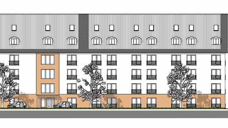 Blick auf das zukünftige Wohnheim in der Memmelsdorfer Straße. Das Haupthaus des vierstöckigen Gebäudes wird 74 Meter lang sein.   Skizze: Artec Projektmanagement GmbH