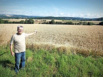 Klaus Biedermann deutet auf die 30 Hektar große Fläche unterhalb des Getreidefelds, auf dem eine PV-Anlage entstehen soll.
