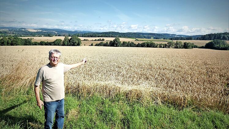 Klaus Biedermann deutet auf die 30 Hektar große Fläche unterhalb des Getreidefelds, auf dem eine PV-Anlage entstehen soll.