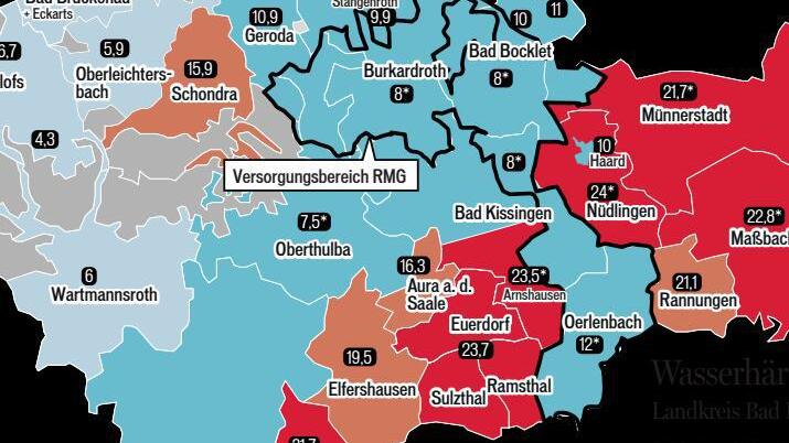 Im Süden und Osten des Landkreises Bad Kissingen ist das Wasser sehr kalk-haltig, während im Buntsandsteingebiet im Norden sogar entsäuert und nachgekalkt werden muss. Grafik: Carolin Höfler