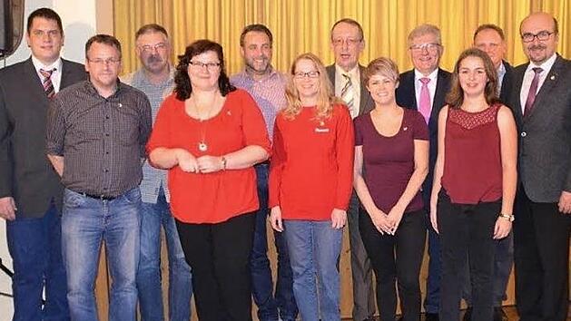 Vorsitzender Manfred Zapf (rechts) zeichnete zahlreiche treue Mitglieder des TSV Harsdorf aus. Im Bild (von links) Zweiter Vorsitzender Thomas Hirschmann, Matthias Karl, Peter Krau&szlig;, Bettina Bauer, Marco Gr&auml;bner, Ramona Hofmann, Michael Kortmann, Elena D&ouml;rfler, B&uuml;rgermeister G&uuml;nther H&uuml;bner, Luise Kuhmann und Roland Egermann Foto: Werner Rei&szlig;aus