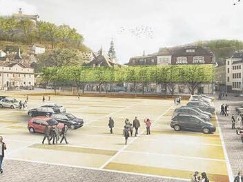 Das wird der Platz des Bieres: So soll der Zentralparkplatz nach der Neugestaltung und der Sanierung der Tiefgarage aussehen. Der Stadtrat beauftragte gestern einstimmig das Kulmbacher Architekturbüro H2M, das den vorausgegangenen Wettbewerb gewonnen hat, den Siegerentwurf in die Tat umzusetzen.  Visualisierung: H2M