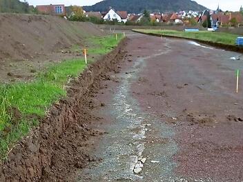Die "Unteren Bunten Estherien" sind im Oberboden nicht zu erkennen, zeigen aber bei dessen Abtrag ihr Farbenspiel. Sehr auffällig hell präsentiert sich eine Steinbank wie ein Band, die vermutlich dem Acrodus-Corbula-Horizont zugeordnet werden kann.  Foto: Mark Werner (Historischer Verein Landkreis Haßberge)