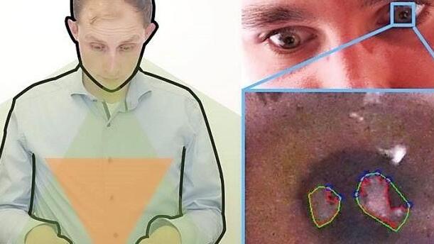 Links: Der Sichtbereich einer Smartphonekamera (orange) wird durch Augenreflektionen (grün) erweitert. Rechts: Nutzer (oben), in dessen Augen sich seine Hände spiegeln (unten) Foto: Jens Grubert