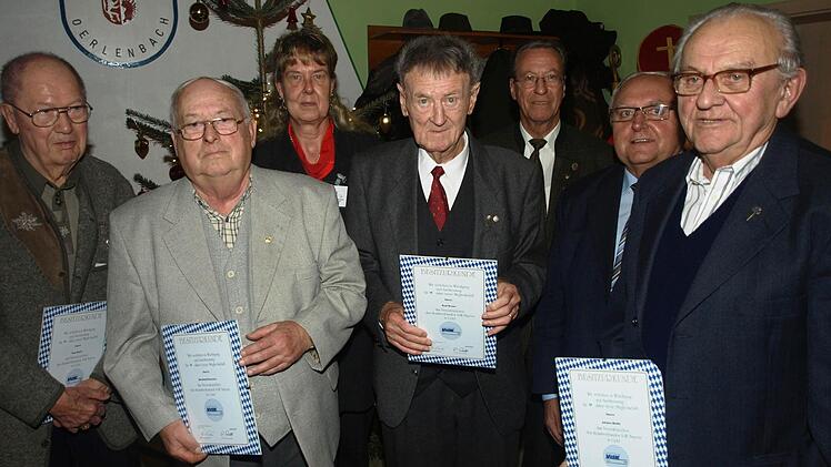 Der VdK-Ortsverband Oerlenbach ehrte langjährige Mitglieder: (von links) Paul Karch, Berthold Emmert, Stellvertretende Vorsitzende Ute Beutert, Rudi Braun, Kreisehrenvorsitzender Walter Herzer, Bürgermeister Siegfried Erhard und Johann Biefel. Foto: Stefan Geiger