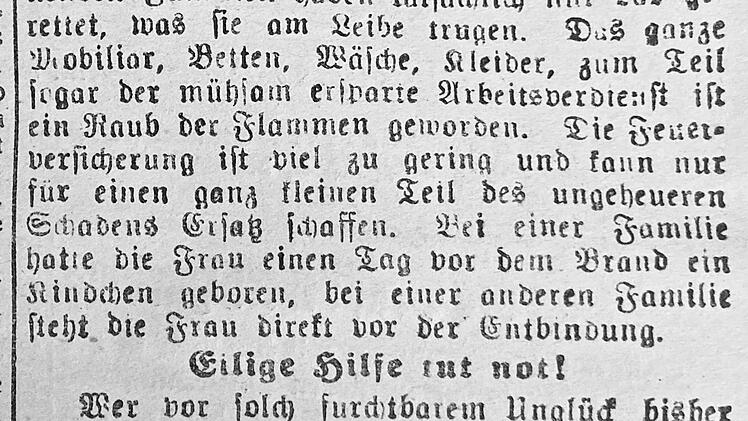 Zwei Tage nach Heinz Müllers Geburt brannte sein Geburtshaus nieder. Das Coburger Tageblatt rief zu einer Hilfsaktion auf.