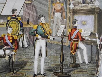 Taslers Buch ist mit einer Zeichnung von Charles Hunt illustriert, das satirisch zeigt, in welch künstlerische Familie Queen Victoria (rechts ) geheiratet hat. "The Wonder of Windsor" umfasst von links Prinz Albert, König Ferdinand von Portugal, König Leopold von Belgien und Herzog Ernst II.