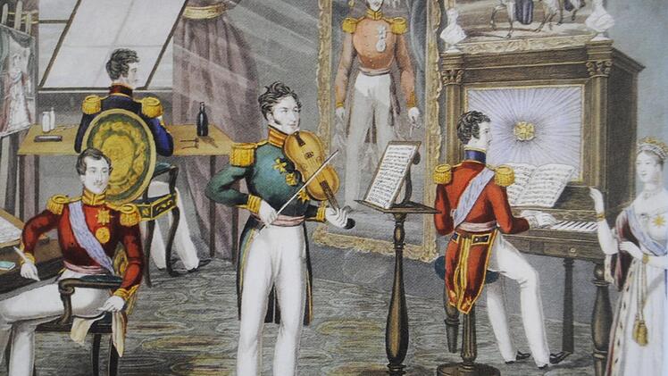 Taslers Buch ist mit einer Zeichnung von Charles Hunt illustriert, das satirisch zeigt, in welch künstlerische Familie Queen Victoria (rechts ) geheiratet hat. "The Wonder of Windsor" umfasst von links Prinz Albert, König Ferdinand von Portugal, König Leopold von Belgien und Herzog Ernst II.