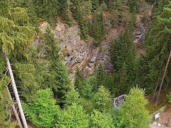 Blick von oben auf den Schallersbruch mit Aussichtsplattform  Foto: Siegfried Scheidig