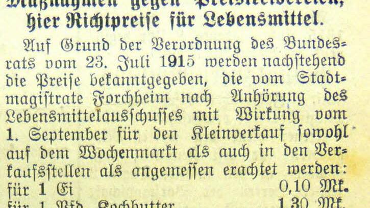"Maßnahmen gegen Preistreibereien", Bekanntmachung der Stadt Forchheim vom 26.08.1915 aus dem Forchheimer Tagblatt vom 31.08.1915 (Repro Franze)