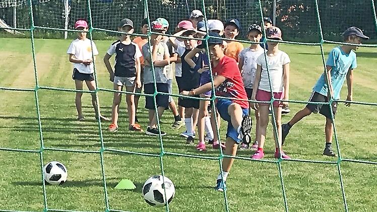 Klar: Das Runde muss ins Eckige - der Ball spielt bei den Übungen eine wichtige Rolle. Es gibt aber auch eine Station Fanclub. Dort wird Tanzen, Klatschen, kreatives Gestalten und Anfeuern trainiert.  Fotos: Michael Busch