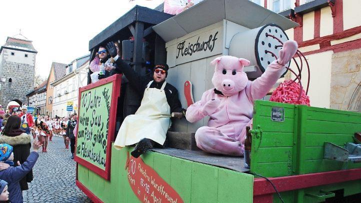 Die Fleisch- und Wurstfreunde Ebern-Heubach feiern ihr Jubiläum.Metzger und Schweine dicht beisammen.