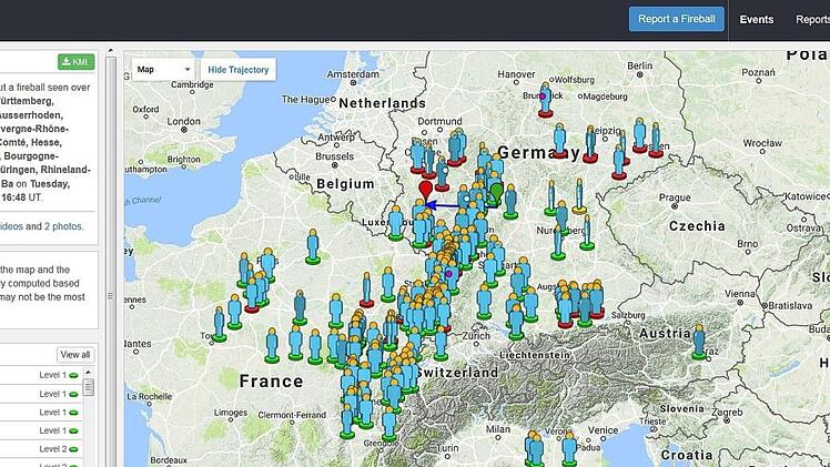 Bei der International Meteor Organization (IMO) sind mehr als 1200 Meldungen zu dem Meteor eingegangen. Der Screenshot zeigt, wo die Feuerkugel gesehen wurde. red