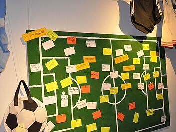 Auf einer Pinnwand schreiben die Ausstellungsbesucher, was Fußball für sie bedeutet.